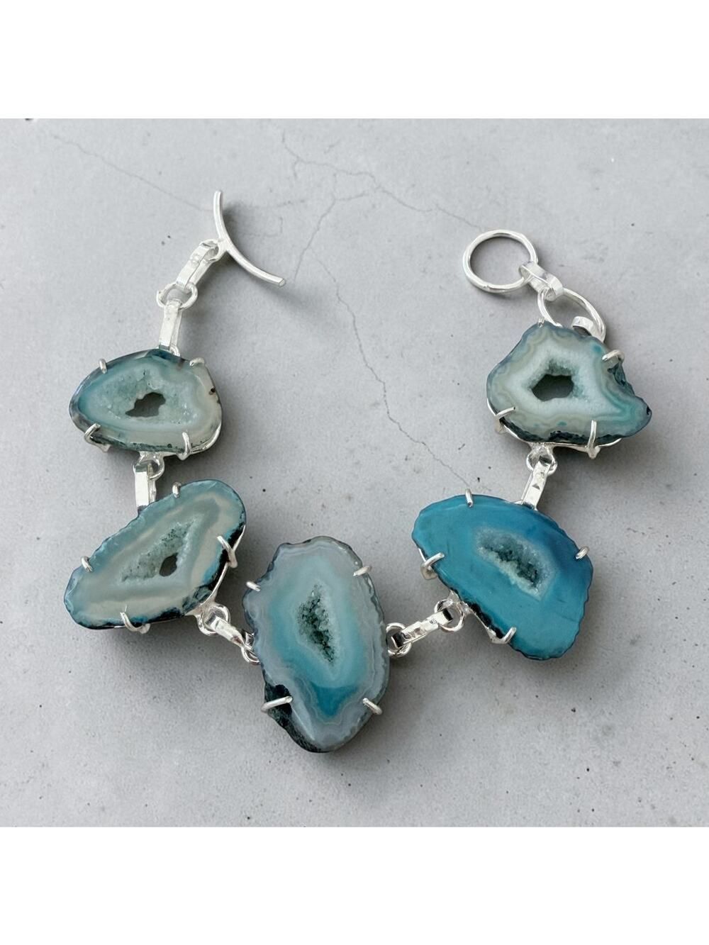 Blue Botswana Druzy Slice Bracelet 925 Silver Plated
